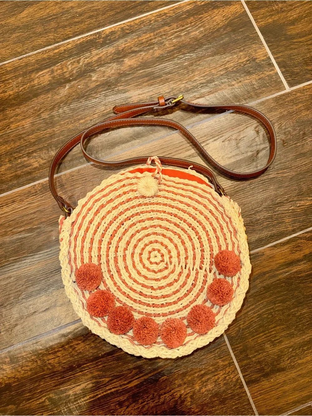 Fossil Faye Round Straw Woven Pom Pom Canteen Crossbody Bag